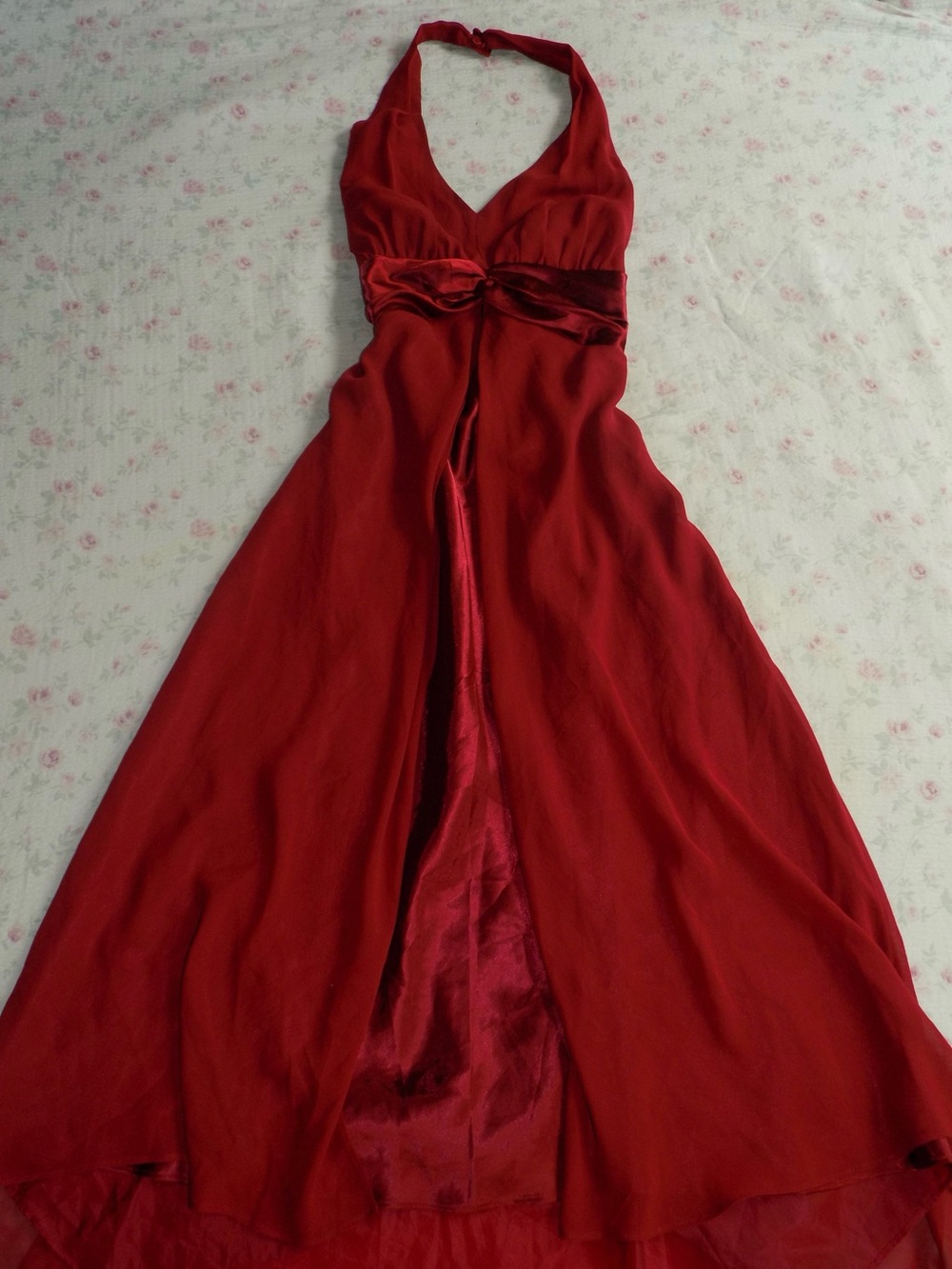 Red Halter Maxi Dress with Satin Waist Detail